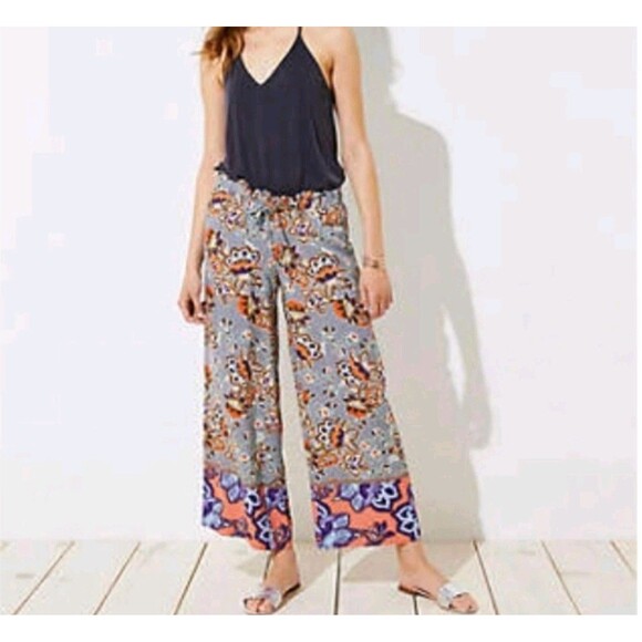 Loft Women's Size Small Multi Wide Leg Ankle Pants Boho Mosaic Fluid Drawstring - Picture 1 of 7